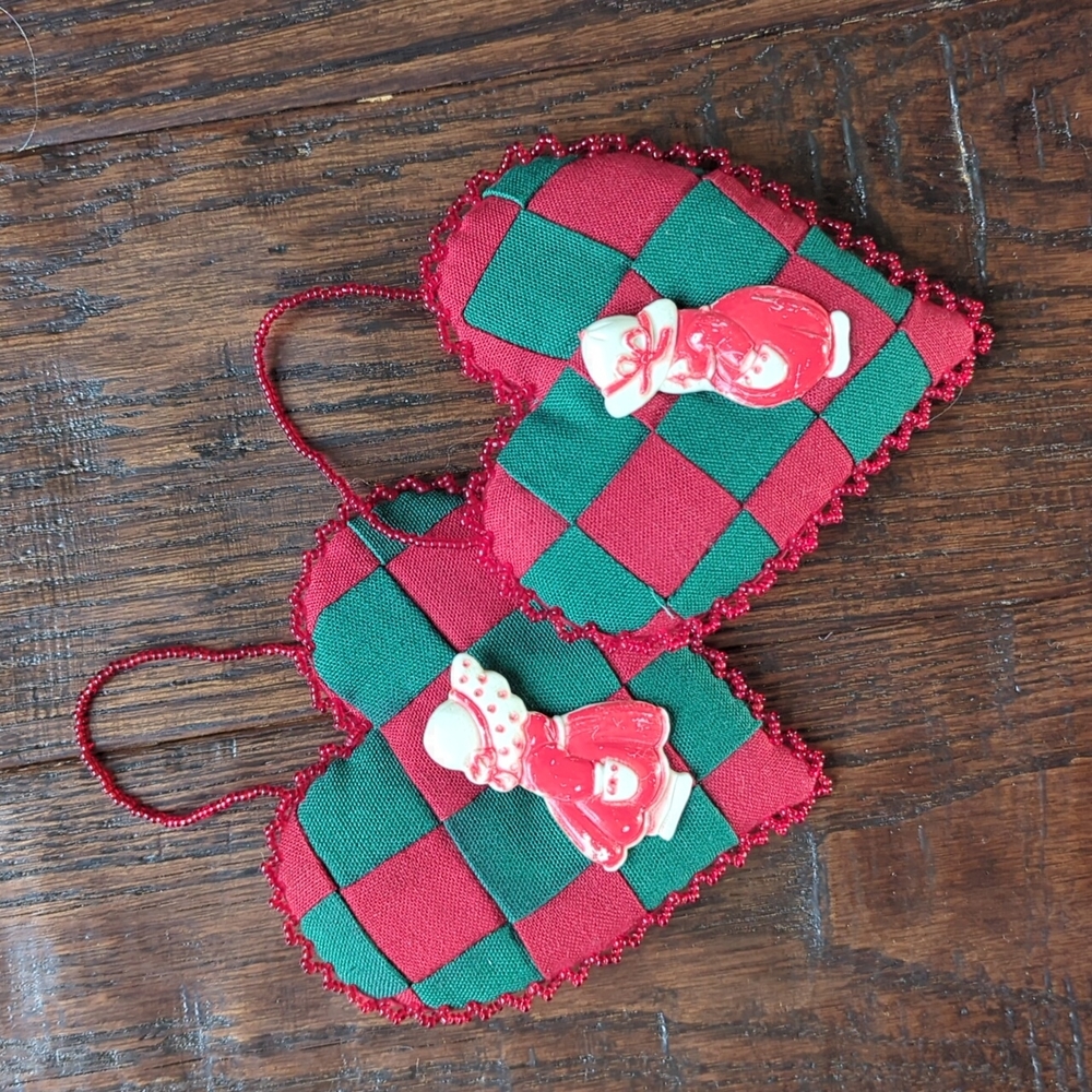 Vintage Quilted and Beaded Heart Christmas Ornaments with Charming Pins